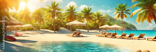 Wide tropical beach banner. White sand and coco palms travel tourism wide panorama background concept. Amazing beach landscape  © lumerb