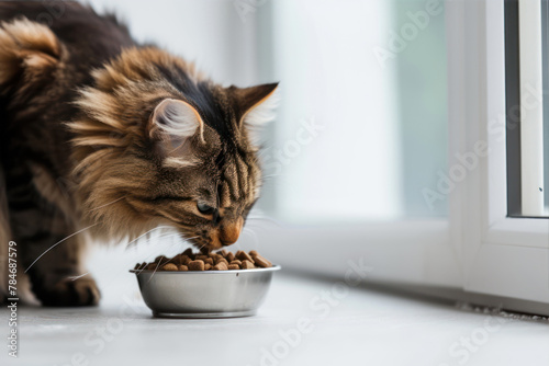 Siberian cat eating food from a bowl on the windowsill