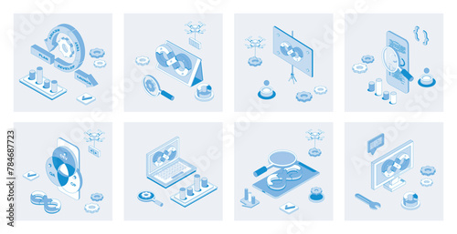 DevOps 3d isometric concept set with isometric icons design for web. Collection of agile coding operation practice, programming teamwork infrastructure, products development cycle. Vector illustration