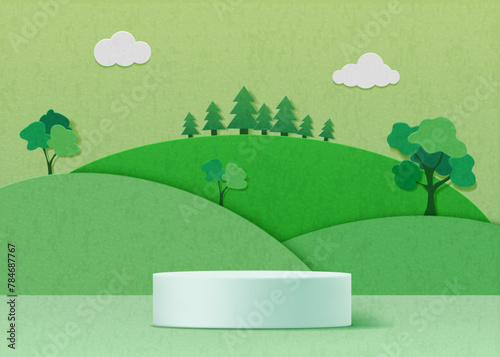 Paper background. Podium on green 3d hill background, cut platform for eco products in abstract mountains, organic display. Cute forest and clouds. Minimal style product showcase. Vector art