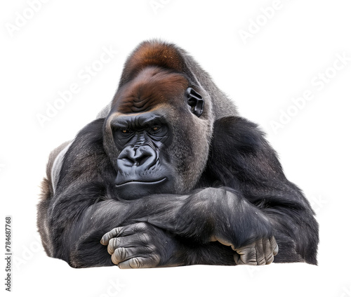 Thoughtful gorilla staring solemnly on white backdrop © gearstd