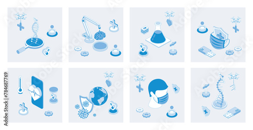 Medicine 3d isometric concept set with isometric icons design for web. Collection of dna genetics researches, laboratory experiments, chemical tests, vaccination and healthcare. Vector illustration