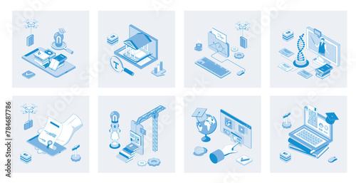 Online education 3d isometric concept set with isometric icons design for web. Collection of virtual library, reading books, e-learning platform, video lessons, science learning. Vector illustration
