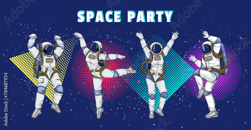 Astronaut party. Retro space disco dance music. Vintage rocket and spaceman. Fun future of cosmic science. Color dotted geometric shapes. Cosmic dancers. Cosmonaut poses. Vector banner