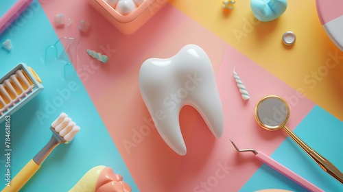 Learn about dentistry. Here's a picture of a tooth and dental tools on a colorful background. You can add your own text to it. photo