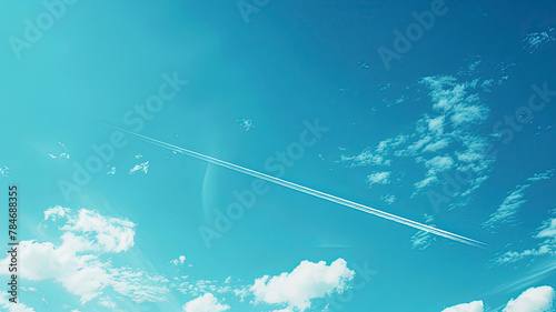 airplane tracks in the air, blue sky background, plane tracks in the sky