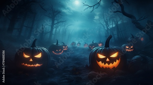 Creepy Halloween night with evil glowing pumpkins peering through dense fog, set as a chilling 4k banner background.