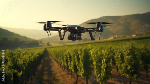 Close-up view of a drone soaring above lush vineyards, symbolizing cutting-edge agricultural monitoring and AI-driven innovation.