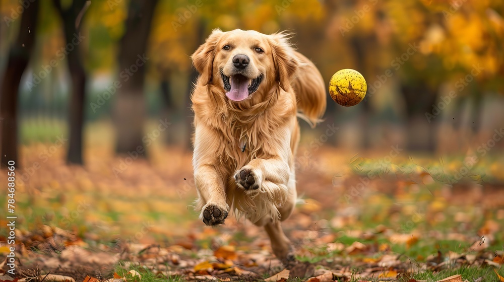 Golden Retriever having fun with a ball. A beautiful dog exploring a clearing. A puppy running joyously in the park. A trained dog showcasing its skills. A happy dog frolicking in the forest