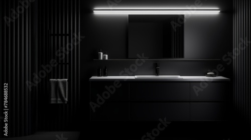 Photo-realistic digital AI art of a minimalist black bathroom cabinet, set in a high-end atmosphere with stark black and white contrasts.