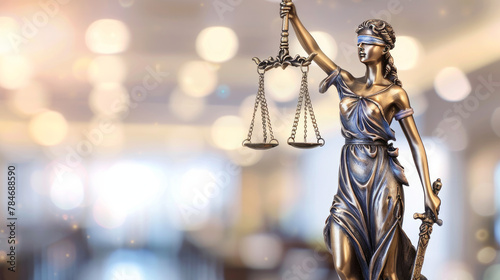Photo of a female Lady Justice statue holding scales with a blurred background