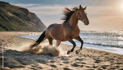Majestic Horse Galloping On Beach Along Ocean Shoreline. Generative AI