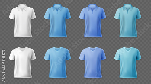 Polo t shirt. White blank sport cloth, men short apparel wear top front and back view, women sleeve. Different blue colors textile. Marketing branding isolated elements. Vector cotton design