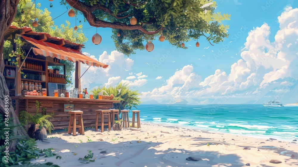 Obraz premium Beachside snack bar, a serene digital painting capturing the relaxed vibe with detailed food and drinks