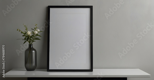 Mockup of poster  photo frame on wooden table with vase and white wall background