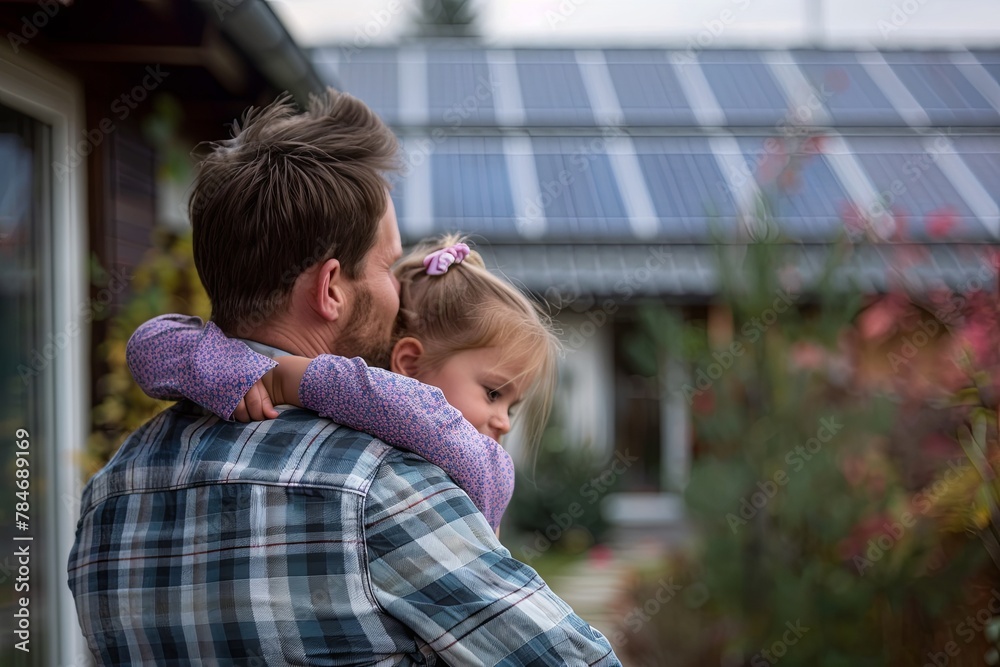 Fototapeta premium Dad holding her little daughter in arms and showing at their house with installed solar panels