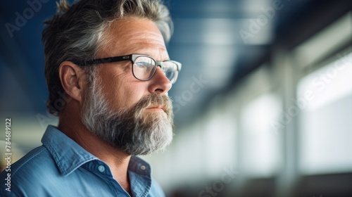 The man's piercing gaze through his glasses evokes a sense of intelligence and wisdom.