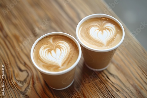 Twin Paper Cups of Latte Art on Wooden Surface. Perfect Heart Designs. Casual Coffee Date Scene. Generative AI