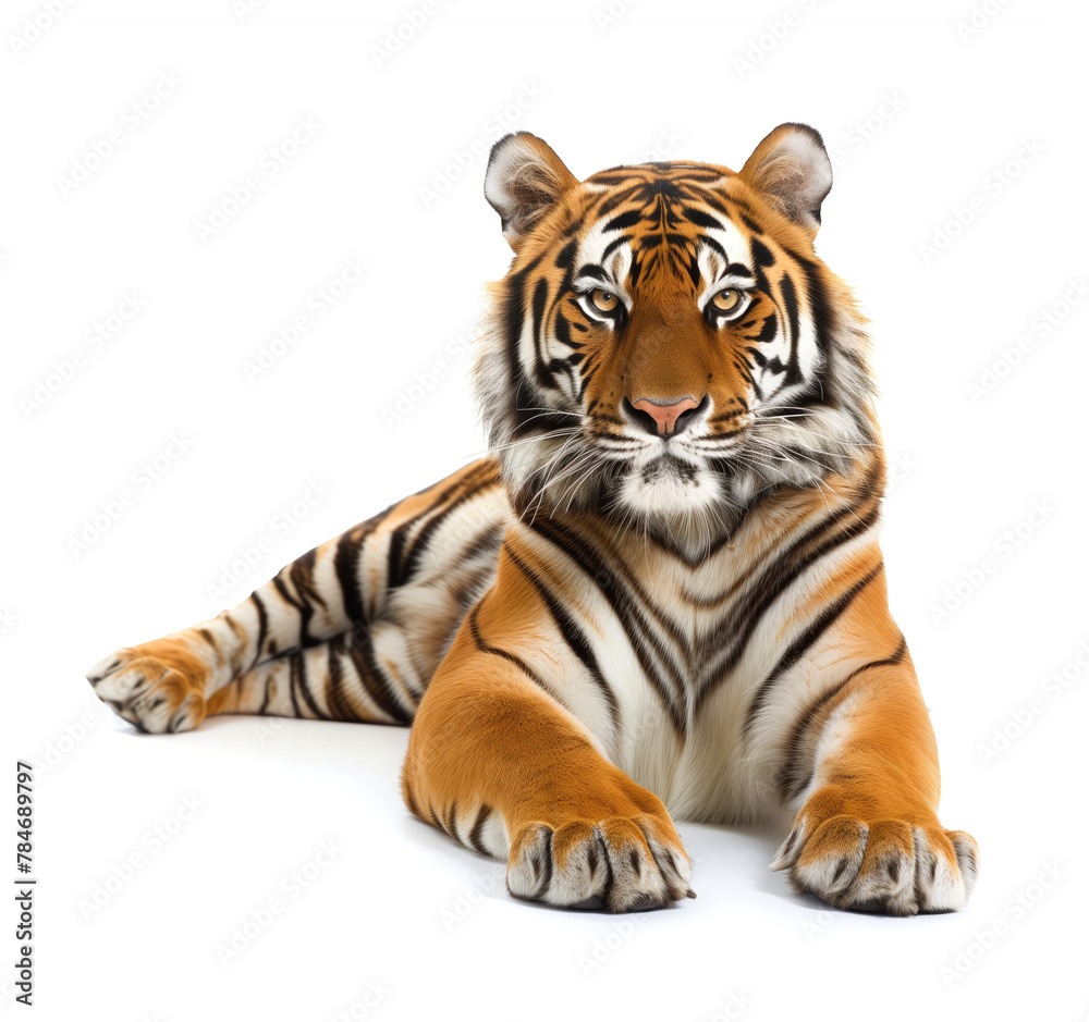 Majestic Tiger Laying Down on White Background