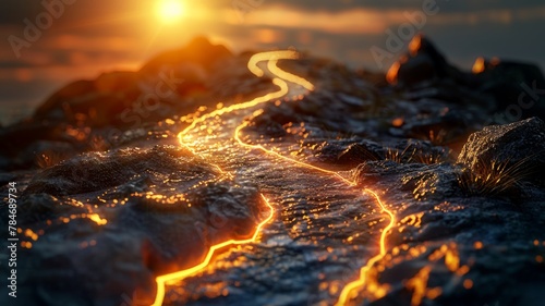 Lava stream glowing during sunset - A captivating natural scene of a glowing lava stream at sunset with a rugged texture