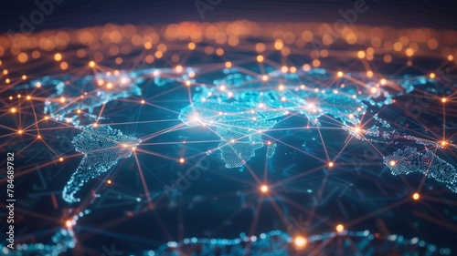 Illuminated Digital Network Over Global Map - A digital representation of a global network with interconnected nodes and lines signifying global connectivity and information flow