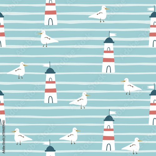 Marine seamless pattern with cartoon seagull and lighthouse on strip background.