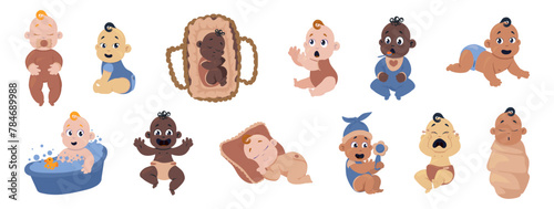 Baby boys. Newborn toddler. Infant character sleeping or bathing. Child in diaper and bodysuit. Little son playing with rattle toy. Adorable piccolo. Kids poses or actions vector set