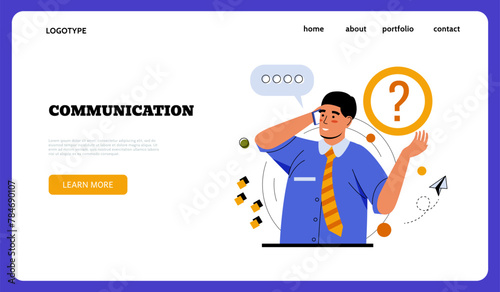Business communication landing page. Businessman calling phone for ask question. Online consultation. Feedback connection. Internet chat. Website interface template. Vector background