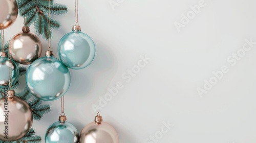 Christmas Bauble  Baubles on Solid tone Surface. A panoramic image showcasing baubles in vibrant colored tones reflecting a wintry setting placed on a solid surface  creating a cozy holiday scene