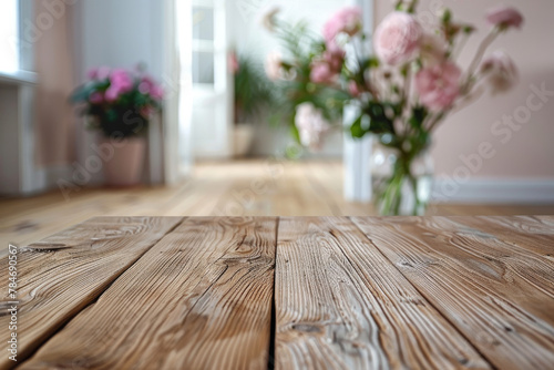 Cozy Home Interior with Wooden Floor and Blurred Bouquet Background