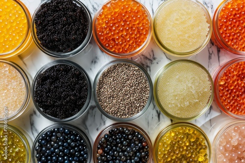 Assorted Colored Beads in a Jar, A variety of different caviar types, each with their distinct color and size, displayed side by side for comparison, AI Generated