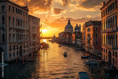 The sun casts a warm golden light over a picturesque canal in Venice as it sets in the sky, A Venetian canal during the golden hour, AI Generated © Ifti Digital