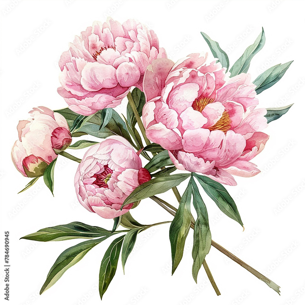 Peony A bouquet of pink flowers with green leaves. The flowers are arranged in a way that they are all facing the same direction, giving the impression of a unified and harmonious display