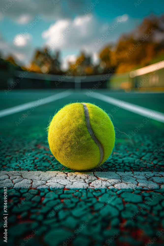 Vibrant Tennis Ball on a Cracked Court Surface Under Blue Sky