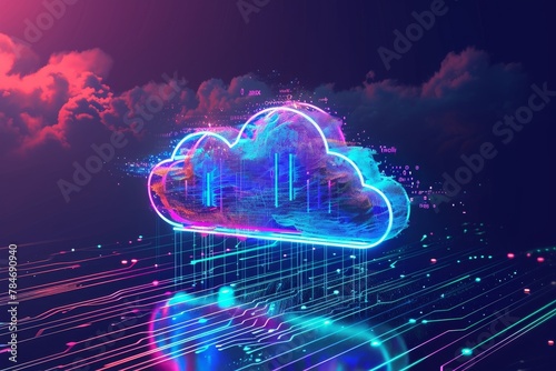 A cloud levitates in the air, encircled by intersecting lines against a blue sky backdrop, A vibrant interpretation of data backup on cloud storage, AI Generated