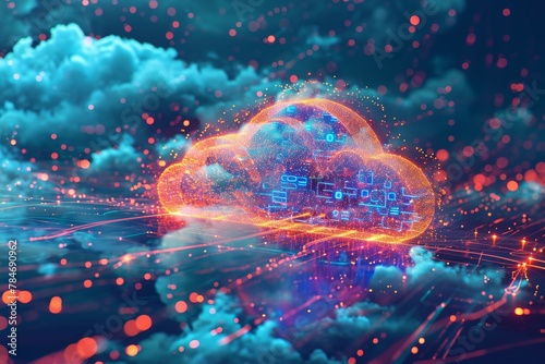 A cloud effortlessly floats through the sky, defying gravity and creating a mesmerizing sight, A vibrant interpretation of data backup on cloud storage, AI Generated photo