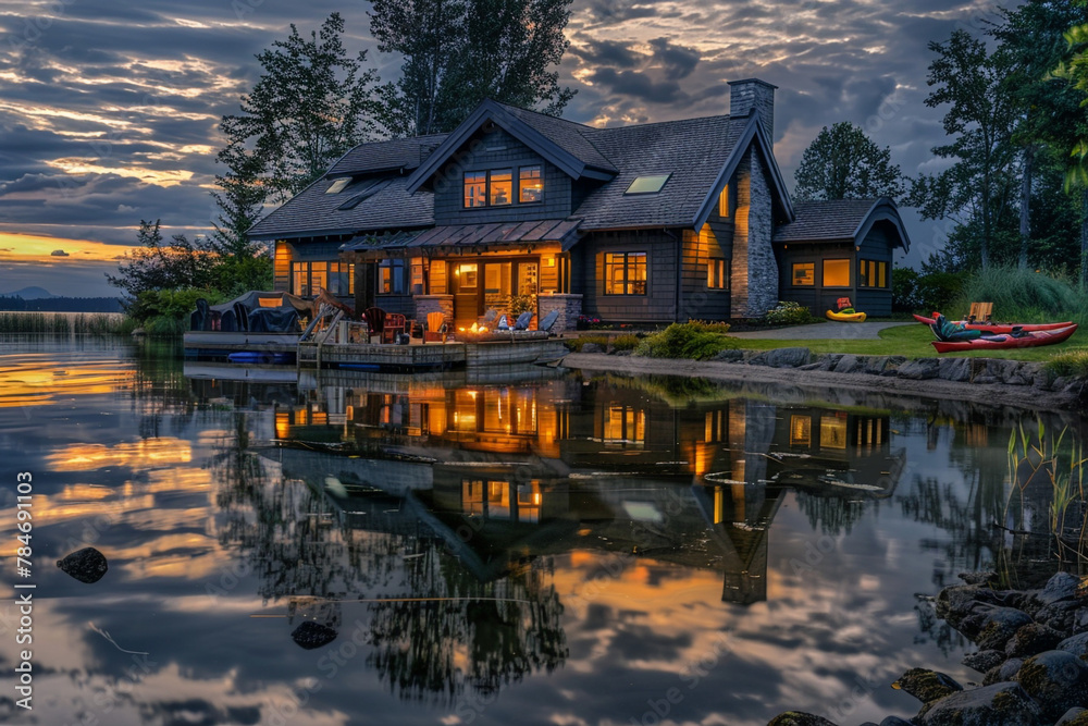 A craftsman style house by the lake, reflecting on the water's surface at golden hour, with kayaks resting by the dock and a fire pit ready for evening enjoyment.