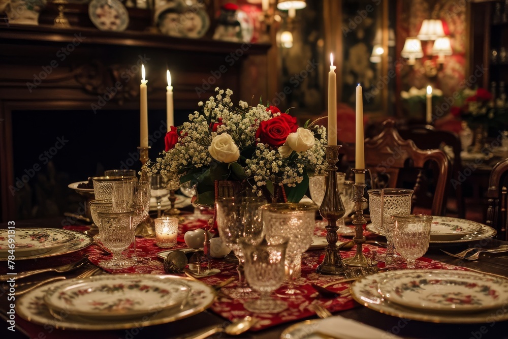 Elegant Dining Room Table Prepared for Formal Dinner, A Victorian era Valentine's Day celebration, AI Generated