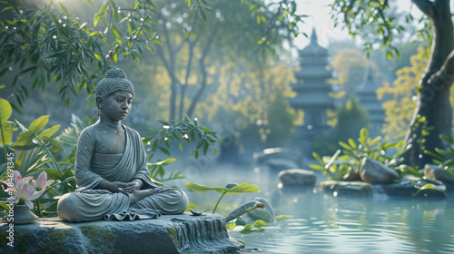 a Buddha statue, a lotus pond, a Bodhi tree, and ancient Buddhist scriptures photo