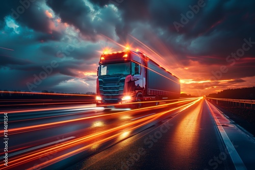 Illuminated red truck on highway at twilight