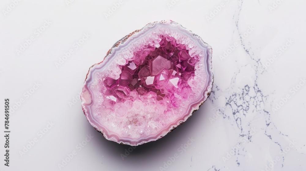 Fototapeta premium single small pink geode against a clean backdrop serves as a captivating subject for educational purposes or as an aesthetic piece in jewelry advertisements.