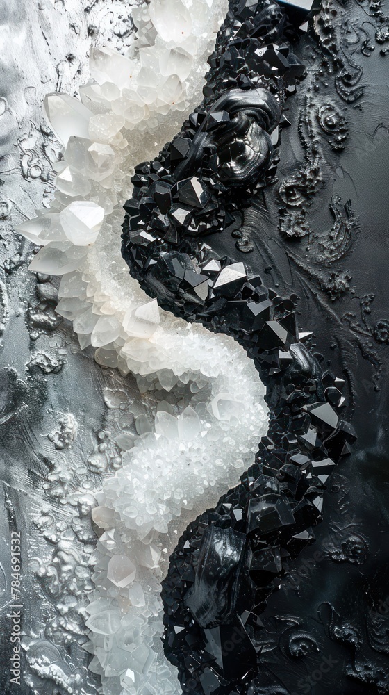 Naklejka premium A striking contrast image of a black geode with white crystals, perfect for artistic displays or to add a touch of sophistication to graphic design projects.