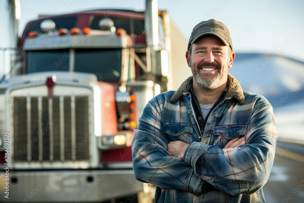 Trucker smiling in winter jacket and cap Trucker smiling in winter jacket and cap