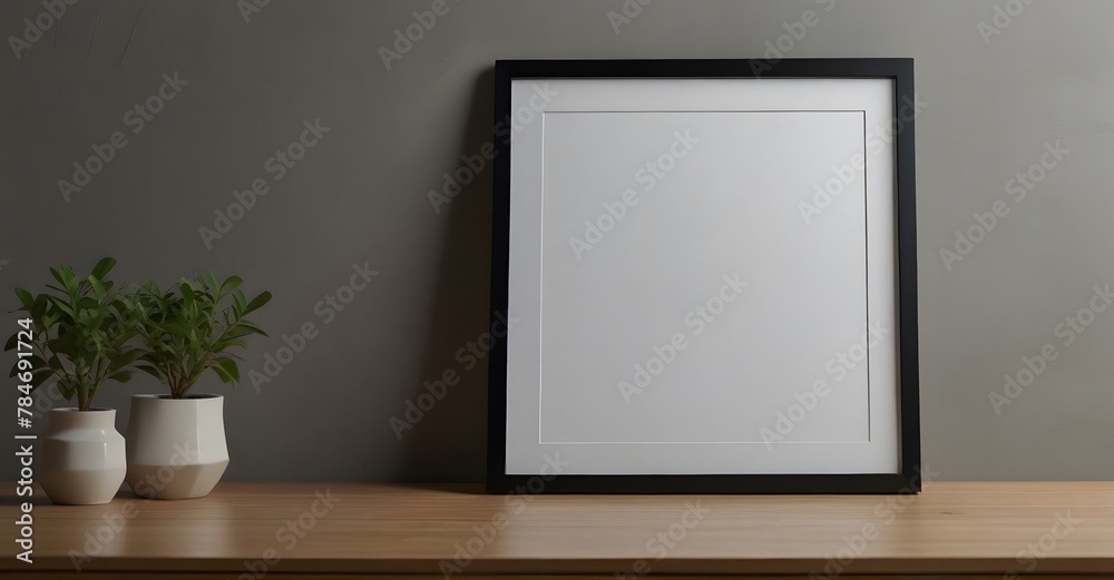 Mockup of poster, photo frame on wooden table with vase and white wall background Mockup of poster, photo frame on wooden table with vase and white wall background