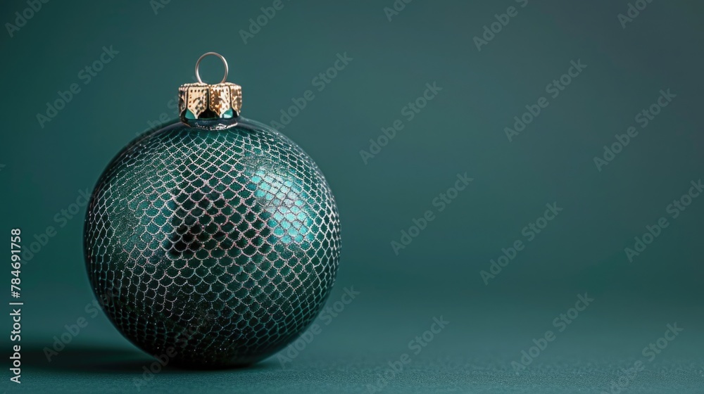 Elegant Christmas ornament showcasing a detailed silver snake scale texture, presented against a minimalist deep teal background for a rich and luxurious feel Elegant Christmas ornament showcasing a detailed silver snake scale texture, presented against a minimalist deep teal background for a rich and luxurious feel