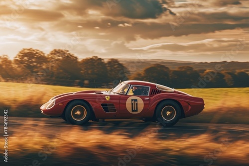 A red sports car speeds down a scenic country road with lush green trees lining the sides, A vintage sport car racing in the idyllic countryside, AI Generated