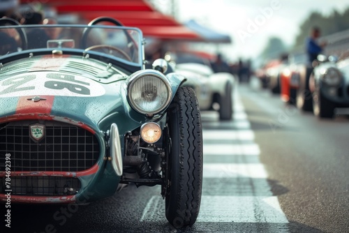 A vivid green race car speeds down a bustling street, capturing attention with its sleek design and powerful engine, A vintage sports car at the starting line of a classic car race, AI Generated