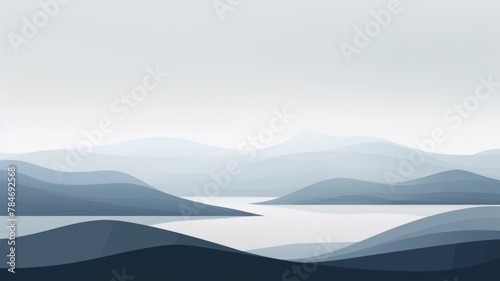 Artistic blue mountains and serene lake - Stylish representation of layered blue mountains alongside a tranquil lake, embodying peacefulness