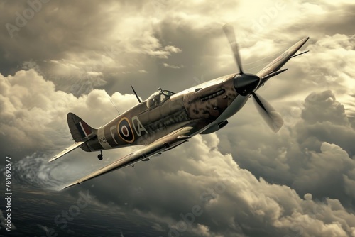 An old airplane gracefully flies through a cloudy sky, showcasing its timeless beauty and power, A vintage World War II fighter aircraft in flight, AI Generated photo