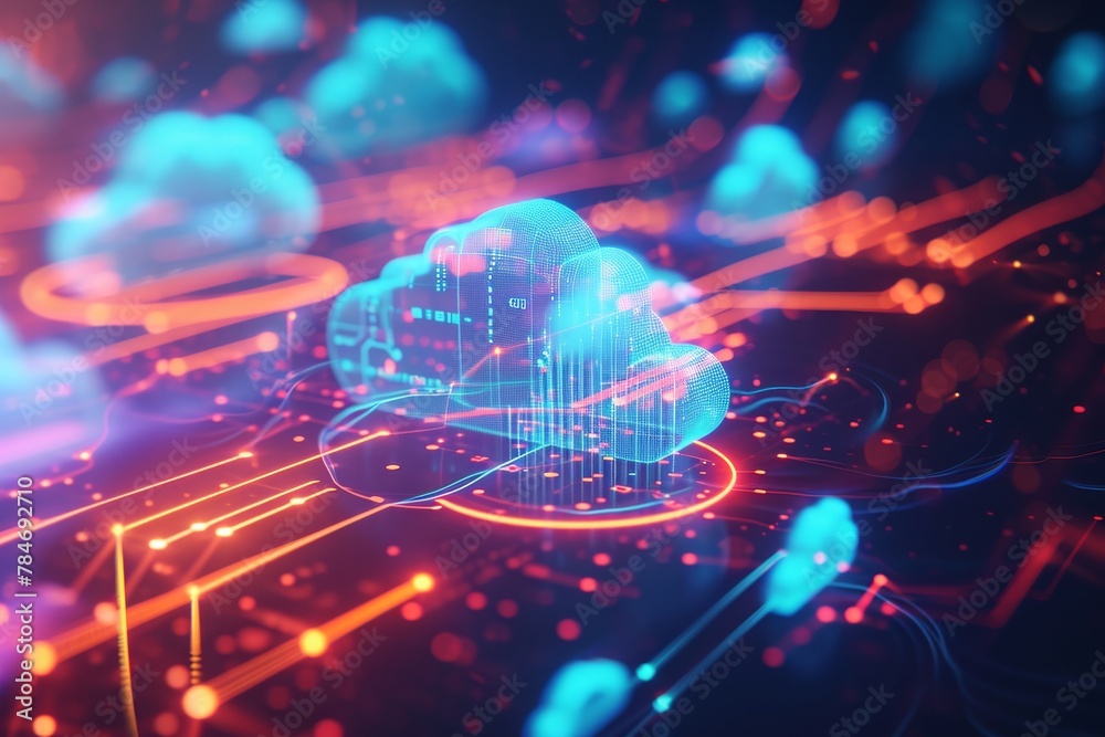 A blue cloud gracefully hovers above a vibrant and lively background, A visualization of data streams flowing from multiple NAS devices into a single cloud, AI Generated A blue cloud gracefully hovers above a vibrant and lively background, A visualization of data streams flowing from multiple NAS devices into a single cloud, AI Generated